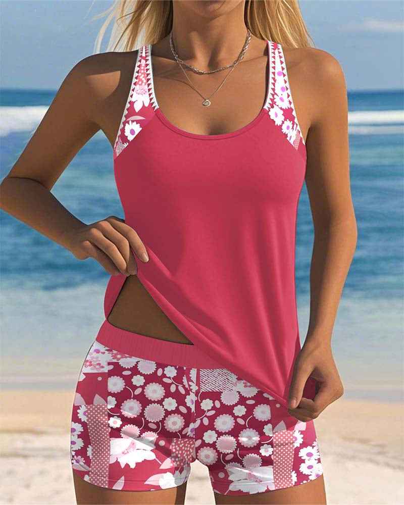 Colette | Schlanker Tanktop-Badeanzug mit einem bedruckten Boxer-Set