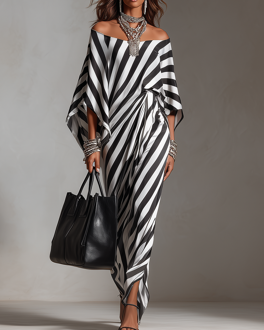 Auffälliges monochromes Streifen-Maxikleid mit asymmetrischem Schnitt - Schwarz-Weiß - Maxi Dress - Concept Fashionlab