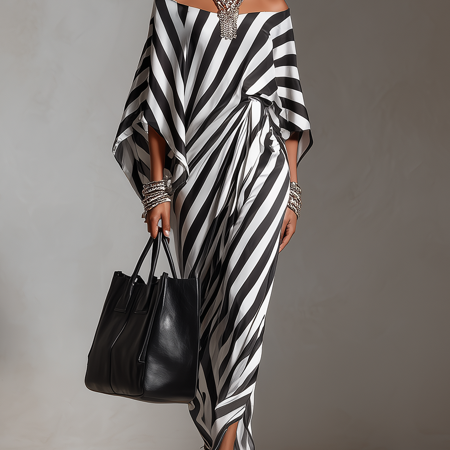 Auffälliges monochromes Streifen-Maxikleid mit asymmetrischem Schnitt - Schwarz-Weiß - Maxi Dress - Concept Fashionlab
