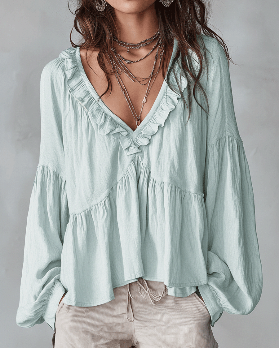 Damen Luftige, vintage-inspirierte Boho-Bluse mit weichen Rüschen - Hellgrün - Damen > Blusen - Concept Fashionlab