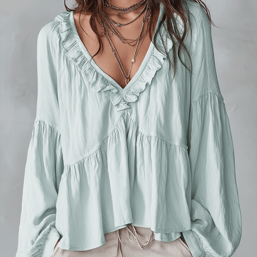 Damen Luftige, vintage-inspirierte Boho-Bluse mit weichen Rüschen - Hellgrün - Damen > Blusen - Concept Fashionlab