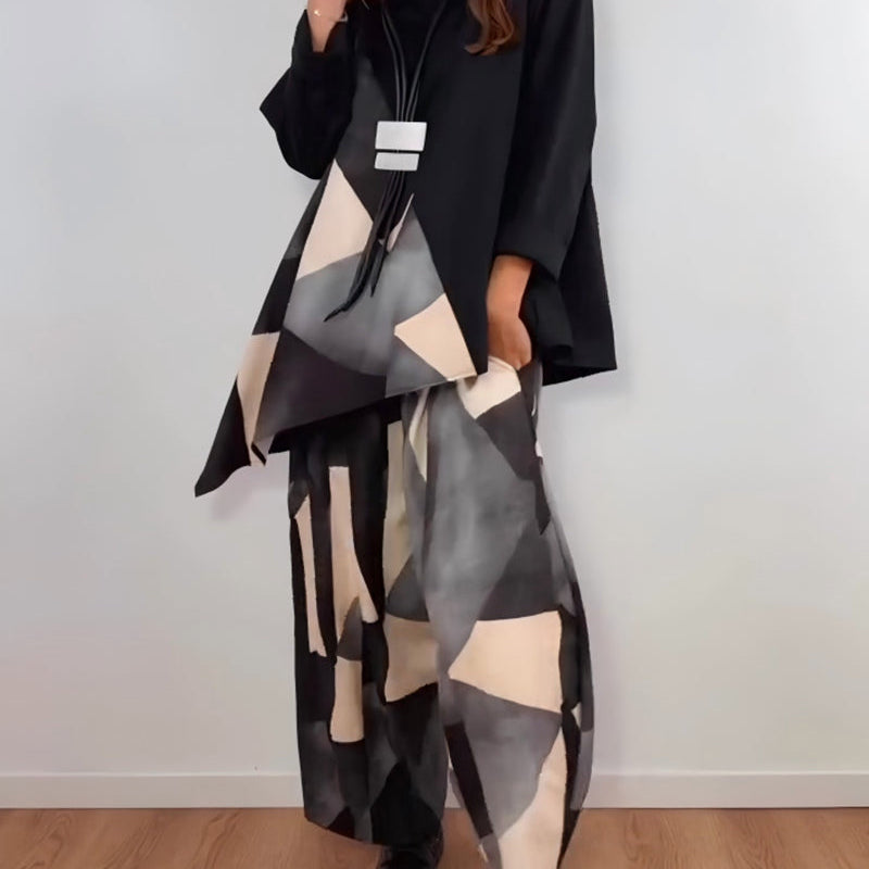 Lässiges zweiteiliges Set mit geometrischem Muster und Hose mit weitem Bein Damen