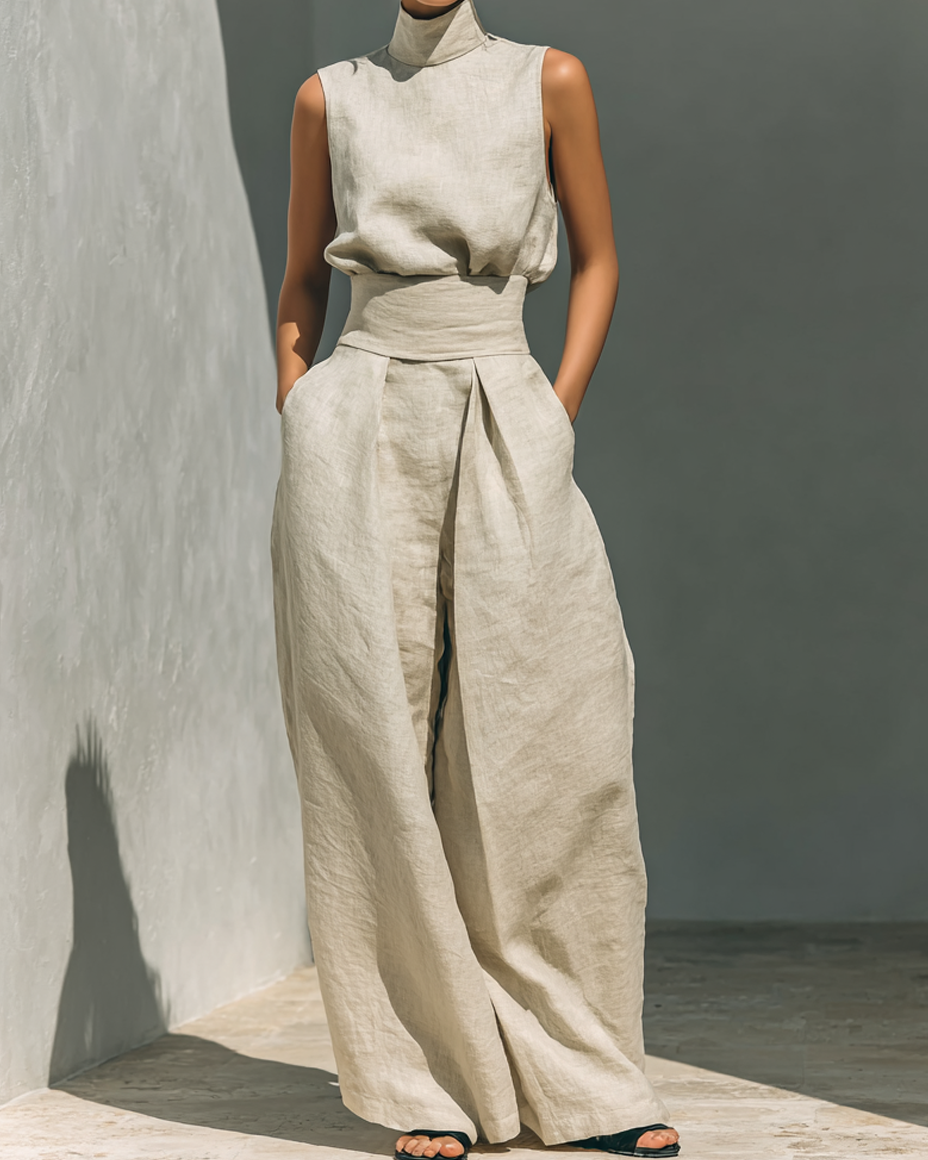 Maria™ | Komplettset mit Tanktop und weiter Baumwoll-Leinenhose - Khaki - - Cow Clothing