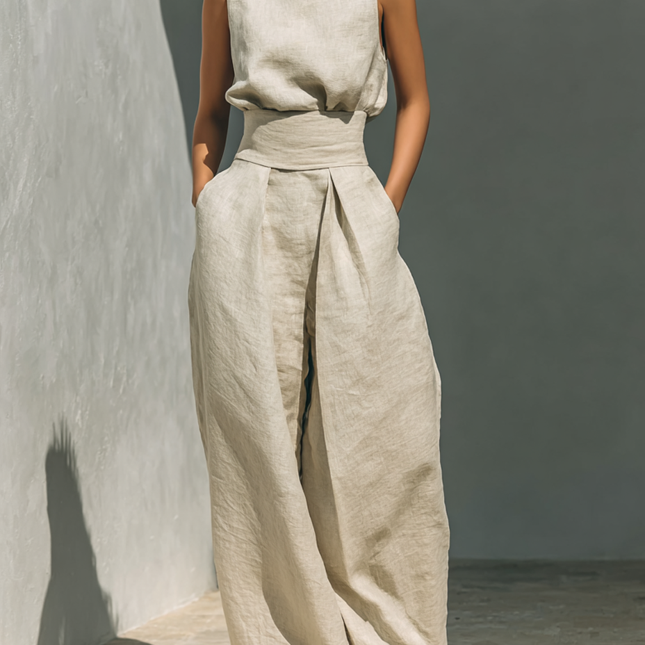Maria™ | Komplettset mit Tanktop und weiter Baumwoll-Leinenhose - Khaki - - Cow Clothing