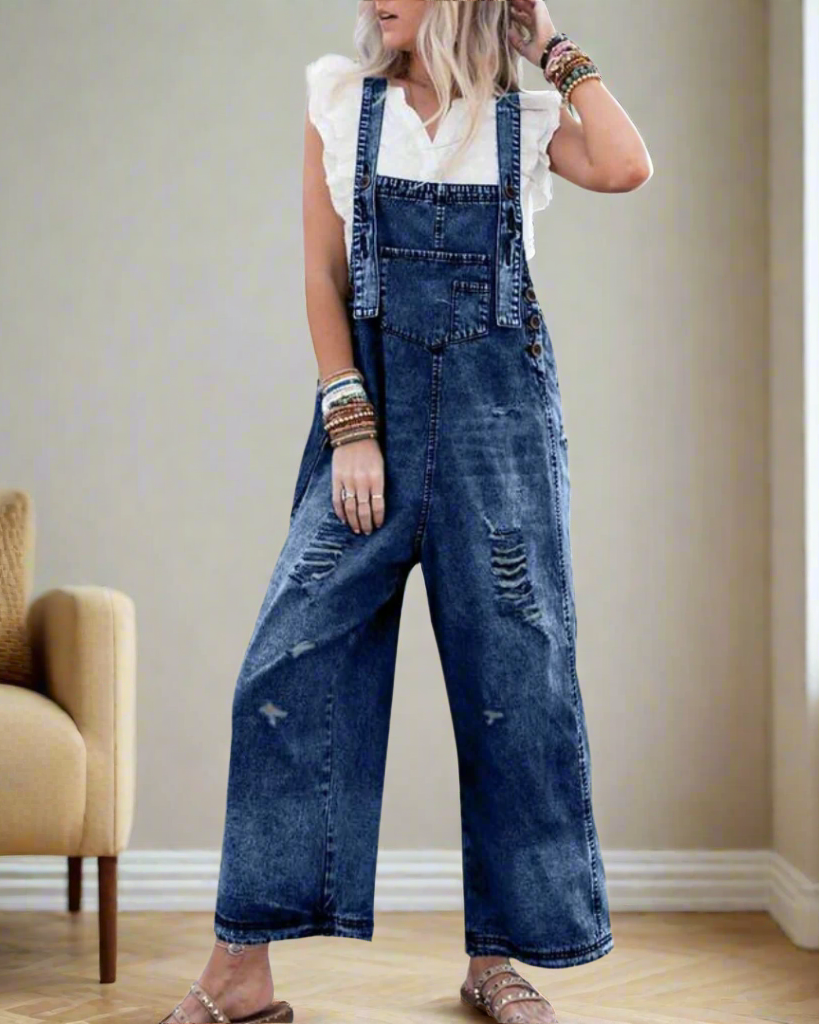 Vintage-Wash Verstellbarer Jumpsuit – Retro-Chic, figurschmeichelnde Passform Damen - Meeresblau - Jumpsuit - Concept Fashionlab