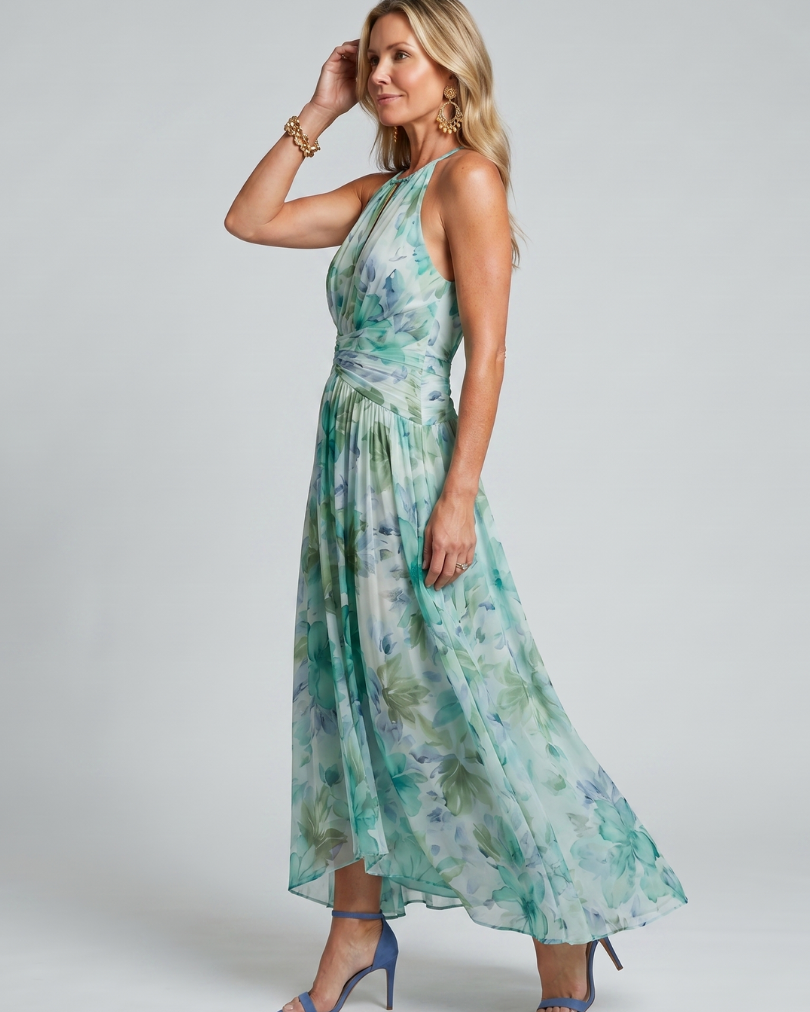 Portia | Plissee-Neckholder-Midikleid mit weichem Blumenmuster - - - DUUWE