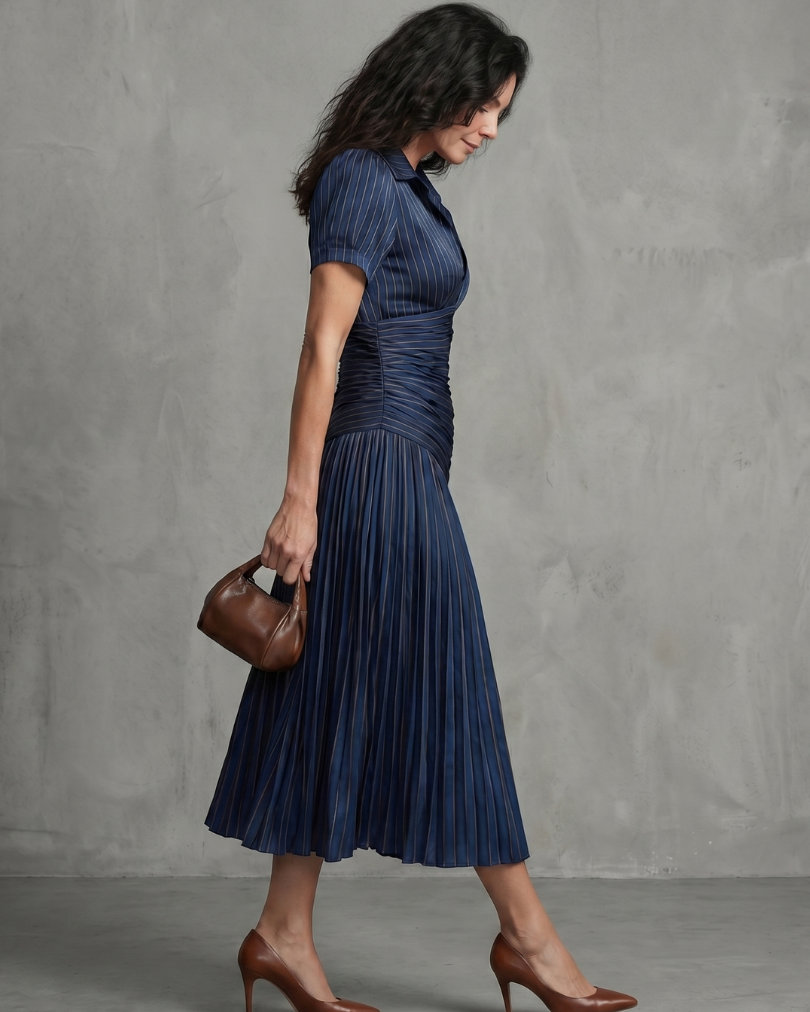 Theodora | Gestreiftes Midikleid mit plissierter Taille - - - DUUWE