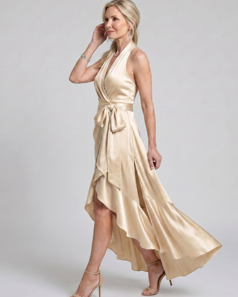 Honora | Neckholder-Wickelkleid mit asymmetrischem Saum - - - DUUWE