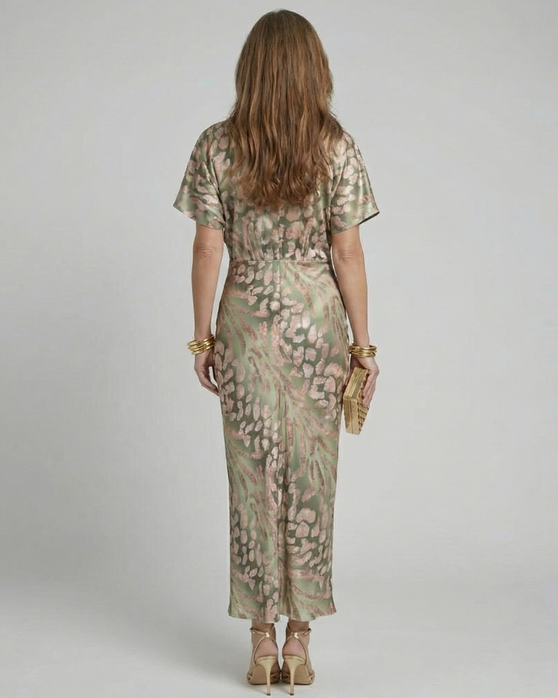 Abstraktes Print-Midikleid mit V-Ausschnitt und verdrehter Taille - - - DUUWE