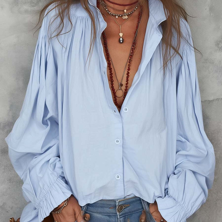 Damen Baumwollbluse mit Rüschenbündchen - Blau - Damen > Blusen - Concept Fashionlab