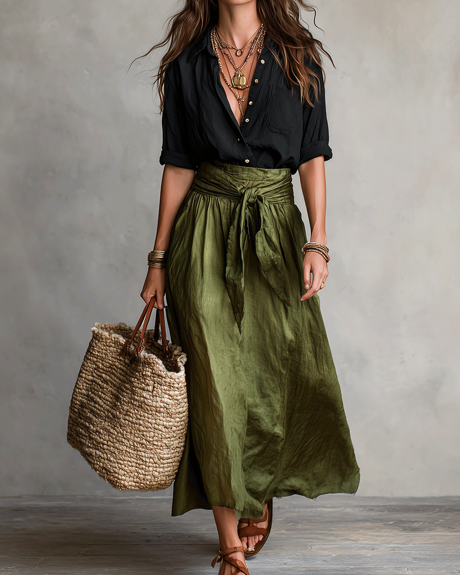 Müheloser Boho-Look: Schwarze Bluse und olivgrüner Satin-Midi-Rock im Set - Schwarz - Blouse - Concept Fashionlab