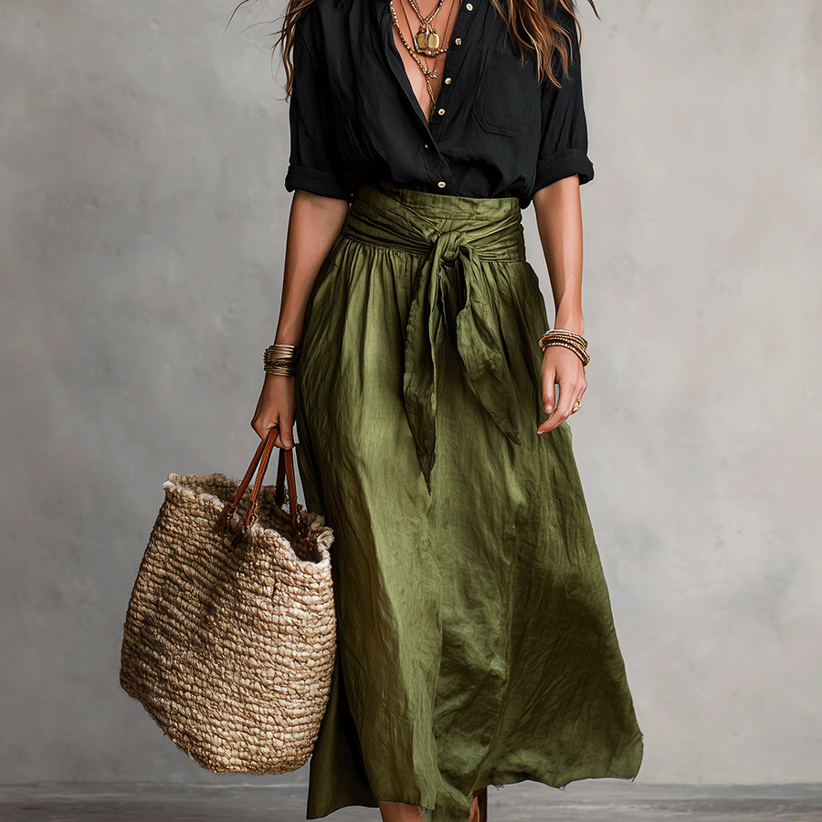 Müheloser Boho-Look: Schwarze Bluse und olivgrüner Satin-Midi-Rock im Set - Schwarz - Blouse - Concept Fashionlab