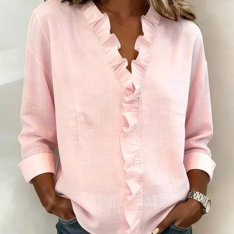 Elegante Bluse mit Rüschen, V-Ausschnitt und langen Ärmeln Damen