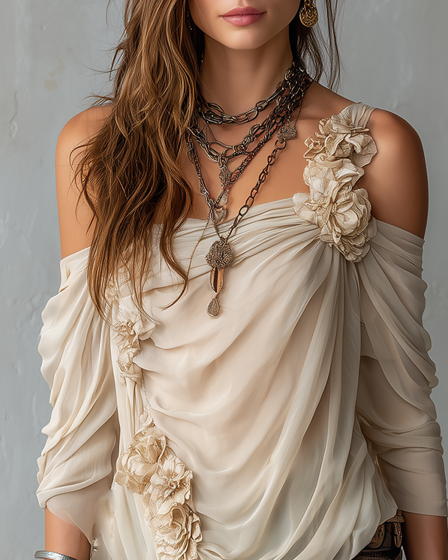 Damen Drapierte schulterfreie Bluse aus floralem Chiffon - - Damen > Blusen - Concept Fashionlab