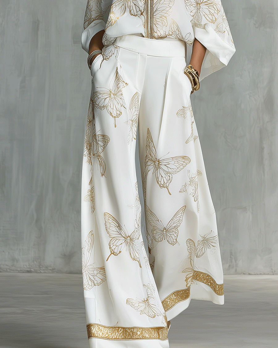 Boho-Luxus Schmetterlings-Jacquard-Bluse und Palazzohose-Set - - Blouse - Concept Fashionlab