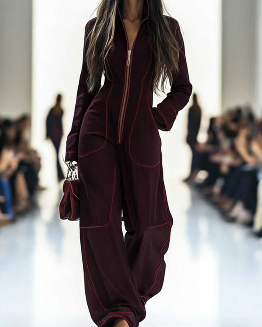 Overall mit Langarm, weitem Bein, Reißverschluss und Stehkragen - JUJUBEROT - Jumpsuits - Concept Fashionlab