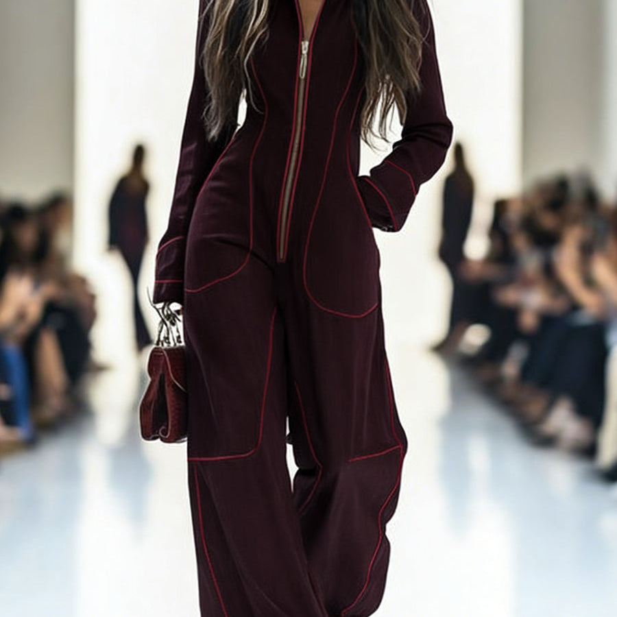 Overall mit Langarm, weitem Bein, Reißverschluss und Stehkragen - JUJUBEROT - Jumpsuits - Concept Fashionlab