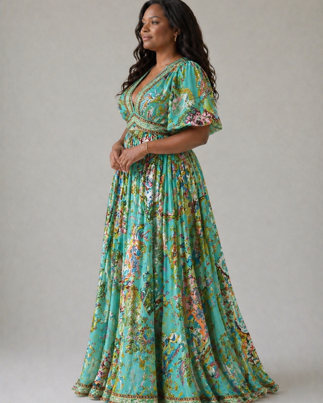 Luftiges Maxikleid mit Puffärmeln und V-Ausschnitt - 2XL - voor vrouwen - DUUWE
