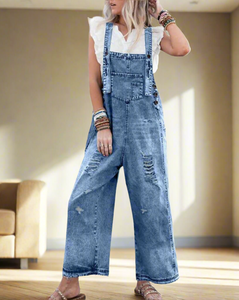 Vintage-Wash Verstellbarer Jumpsuit – Retro-Chic, figurschmeichelnde Passform Damen - Blau - Jumpsuit - Concept Fashionlab