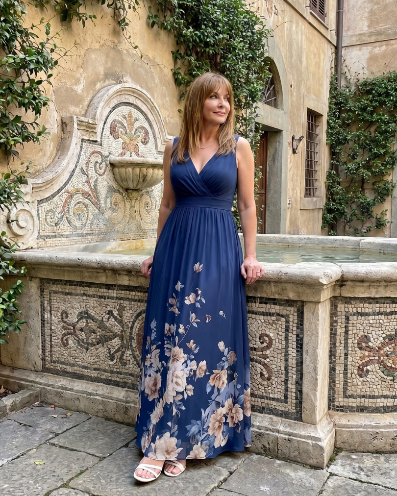Clarissa | Ärmelloses Midikleid mit V-Ausschnitt und weichem Blumensaum - - - DUUWE