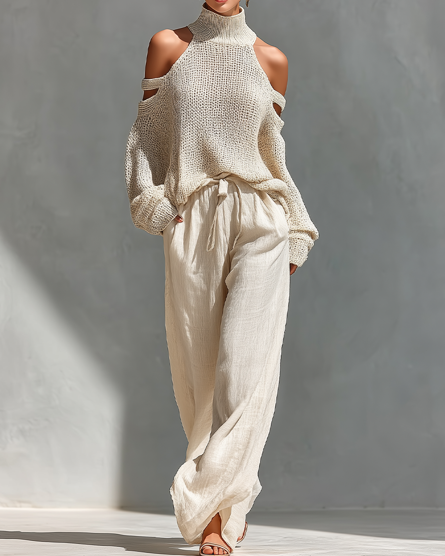 Liora | Gestricktes Cold-Shoulder-Set - Beige - Set - Cow Clothing