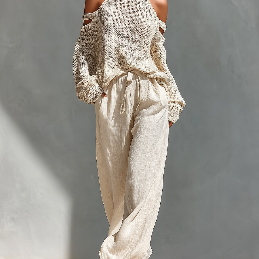 Liora | Gestricktes Cold-Shoulder-Set - Beige - Set - Cow Clothing