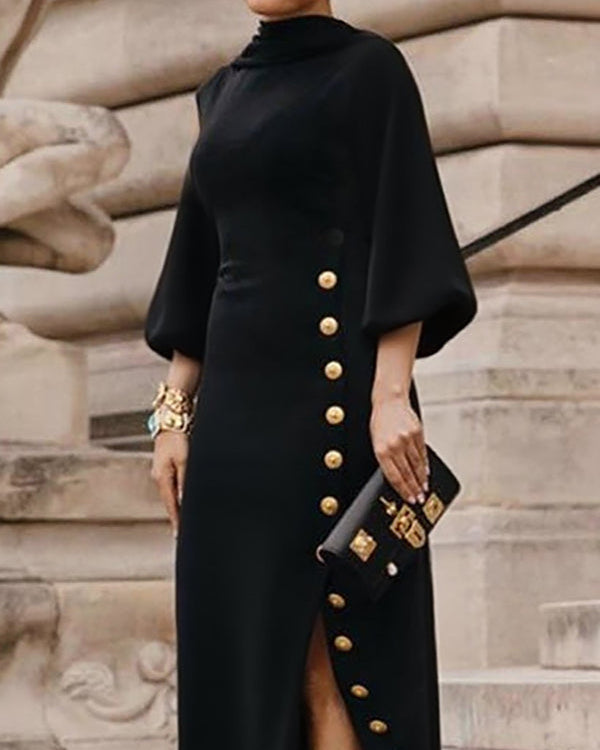 Maxikleider mit Stehkragen, lockeren Puffärmeln, geknöpft und seitlich geschlitzt - - Maxi Dress - Concept Fashionlab