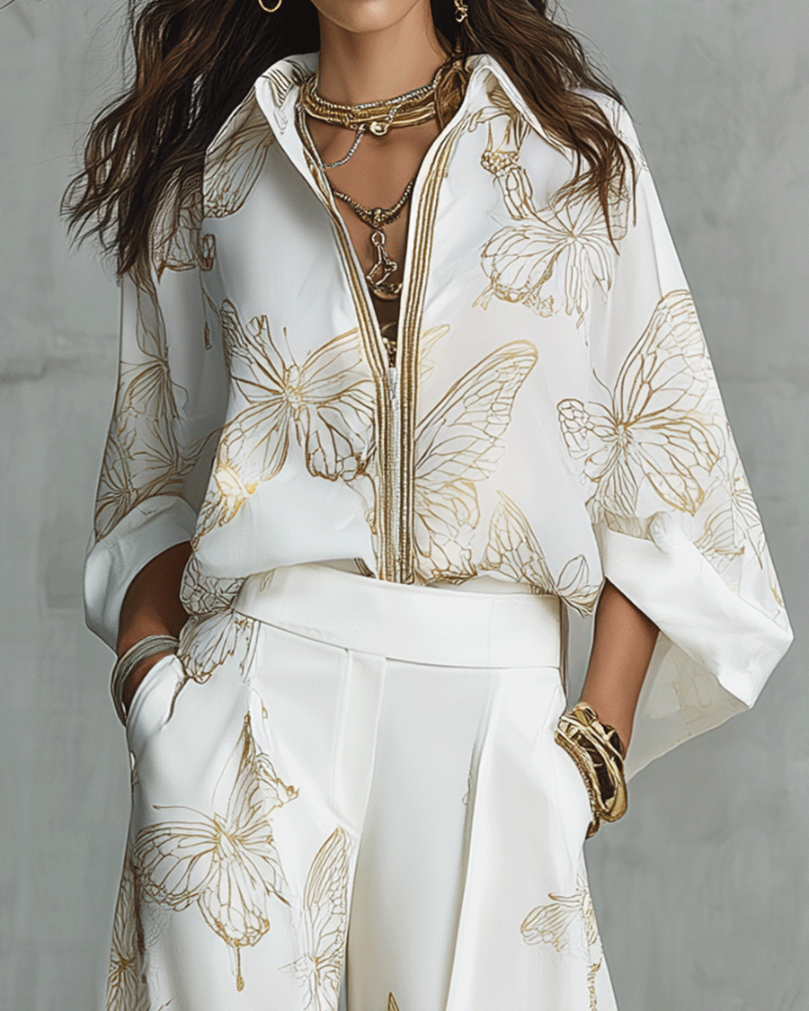 Boho-Luxus Schmetterlings-Jacquard-Bluse und Palazzohose-Set - - Blouse - Concept Fashionlab