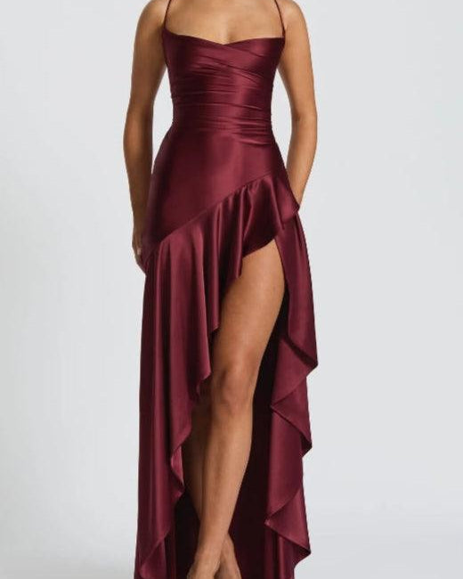 Elegant Maxi Dress with Halter Neckline and Backless Design with Ruffles - Pink - Halter Neck Backless Ruffle Maxi Dress - Concept Fashionlab