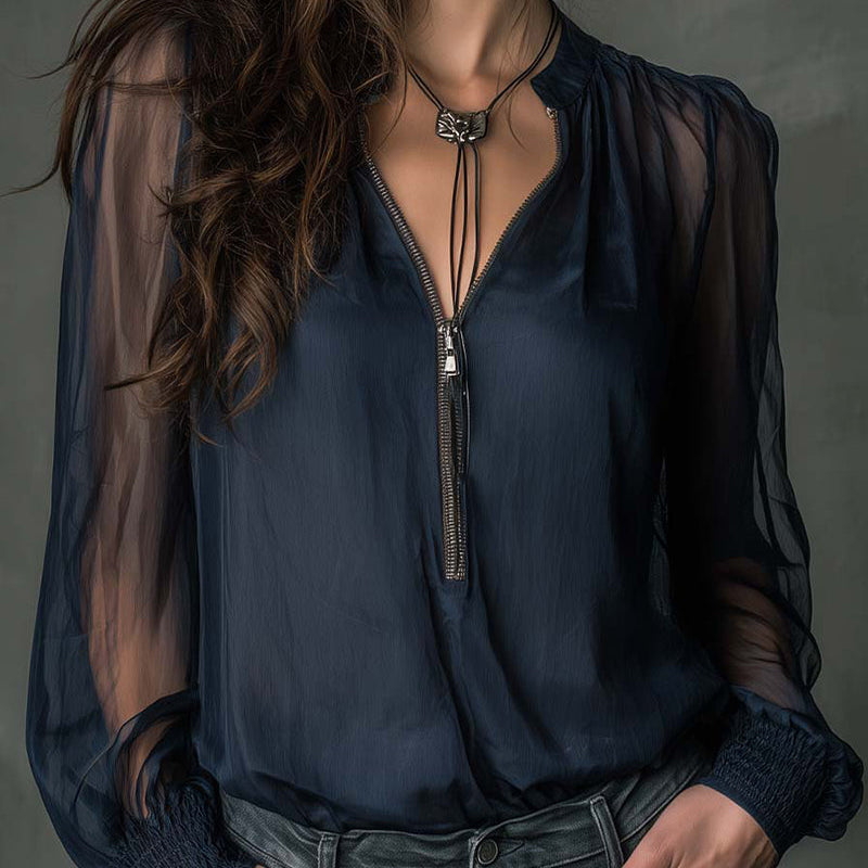Damen Strickbluse mit Halb-Reißverschluss und langen Ärmeln
