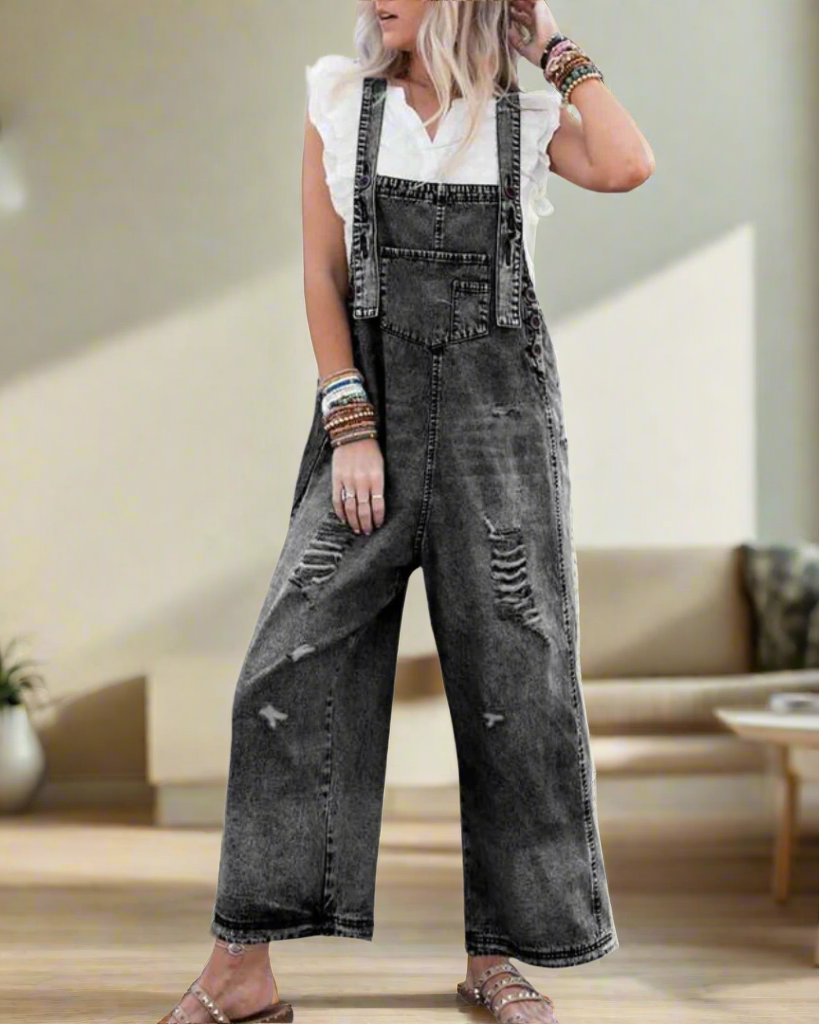 Vintage-Wash Verstellbarer Jumpsuit – Retro-Chic, figurschmeichelnde Passform Damen - Space Grau - Jumpsuit - Concept Fashionlab