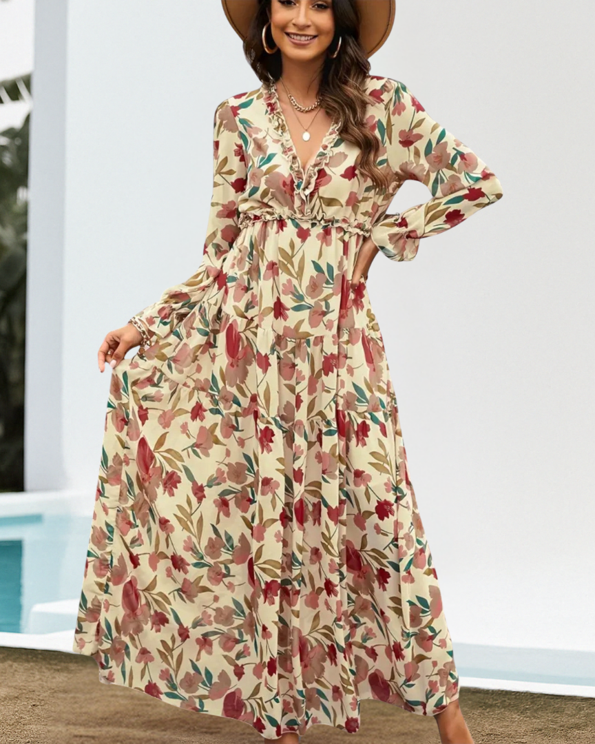 Juliana – Elegantes Blumenkleid - Pfirsich - - Cow Clothing