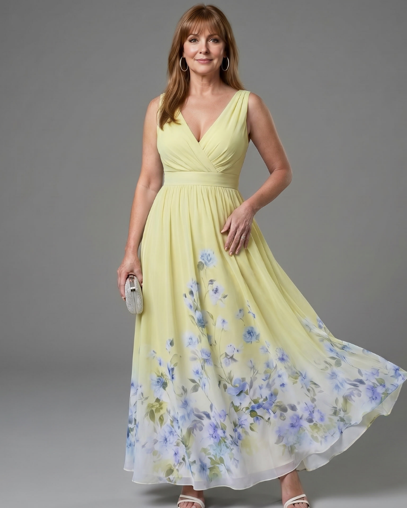 Clarissa | Ärmelloses Midikleid mit V-Ausschnitt und weichem Blumensaum - Gelb - - DUUWE