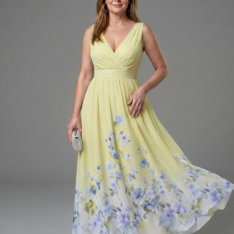 Clarissa | Ärmelloses Midikleid mit V-Ausschnitt und weichem Blumensaum - Gelb - - DUUWE