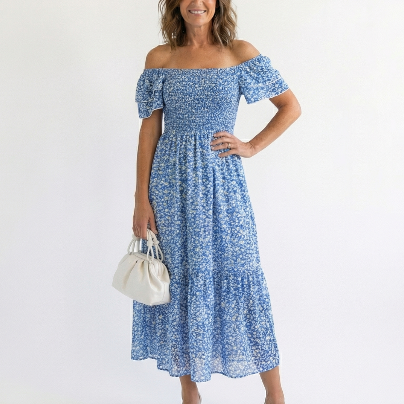Odette | Schulterfreies, gesmoktes Midikleid mit Blumenmuster