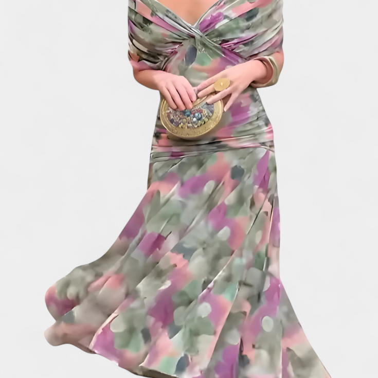 Damen Elegantes langes Blumenkleid mit V-Ausschnitt