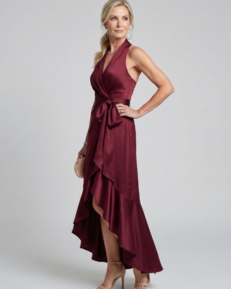 Honora | Neckholder-Wickelkleid mit asymmetrischem Saum - Rot - - DUUWE