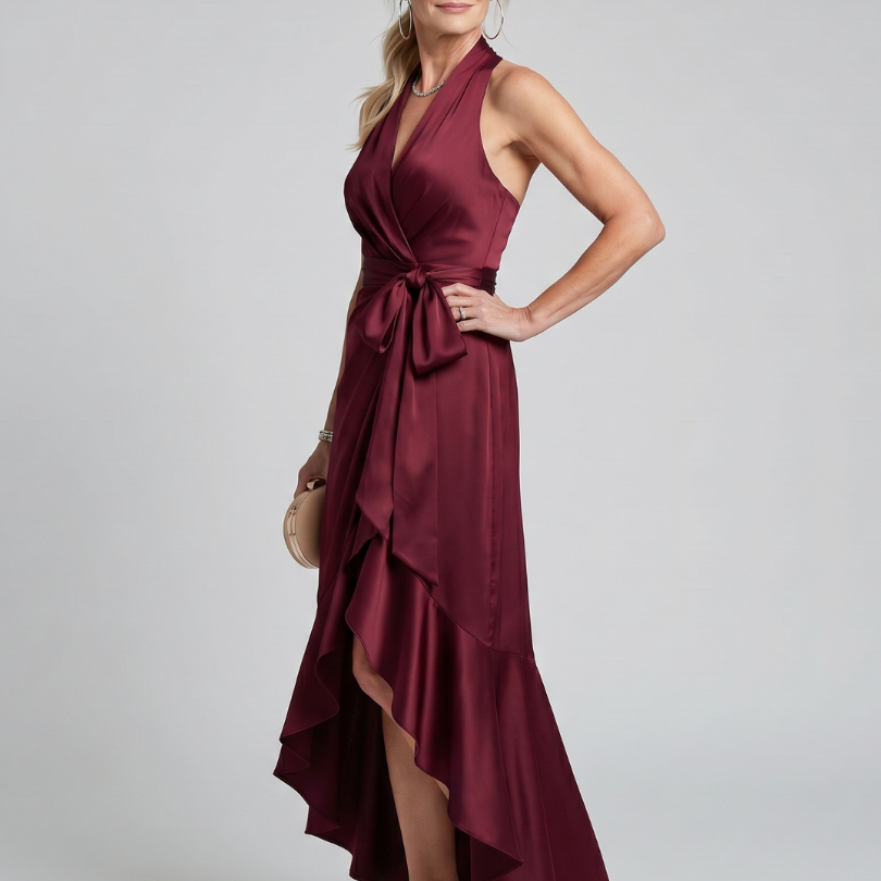 Honora | Neckholder-Wickelkleid mit asymmetrischem Saum - Rot - - DUUWE