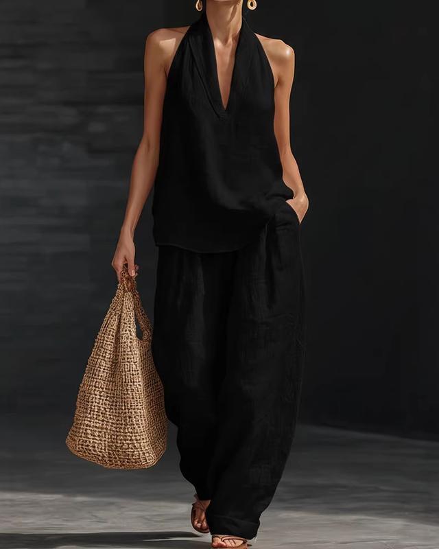 Ainhoa | Kombi-Set aus entspanntem Tanktop und Hose mit weitem Bein - Schwarz - - Hazel & Mae