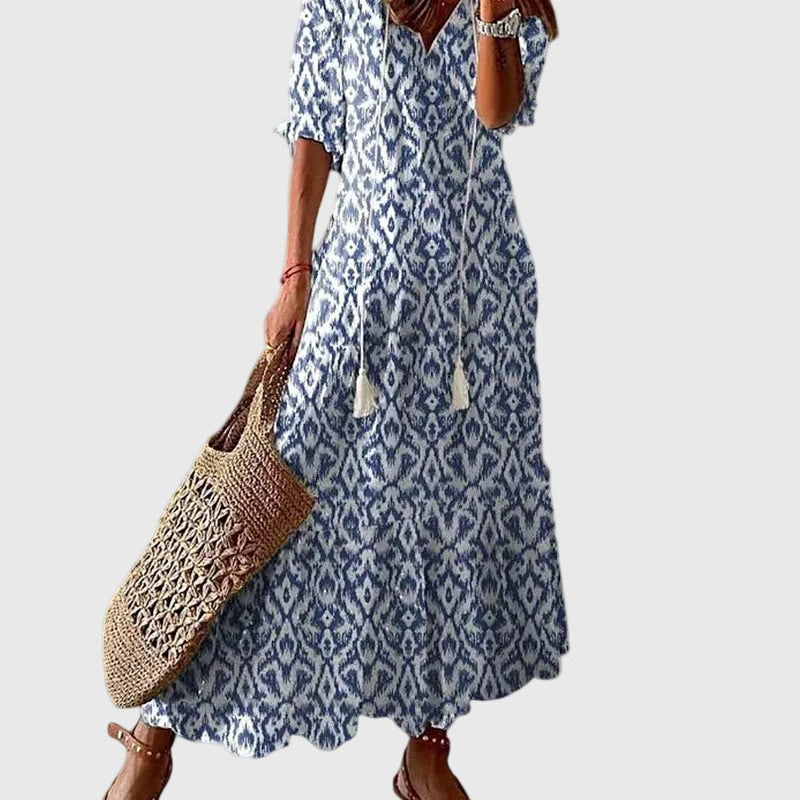 Amalia | Boho Vintage Sommer Maxikleid - Blau - - Cow Clothing