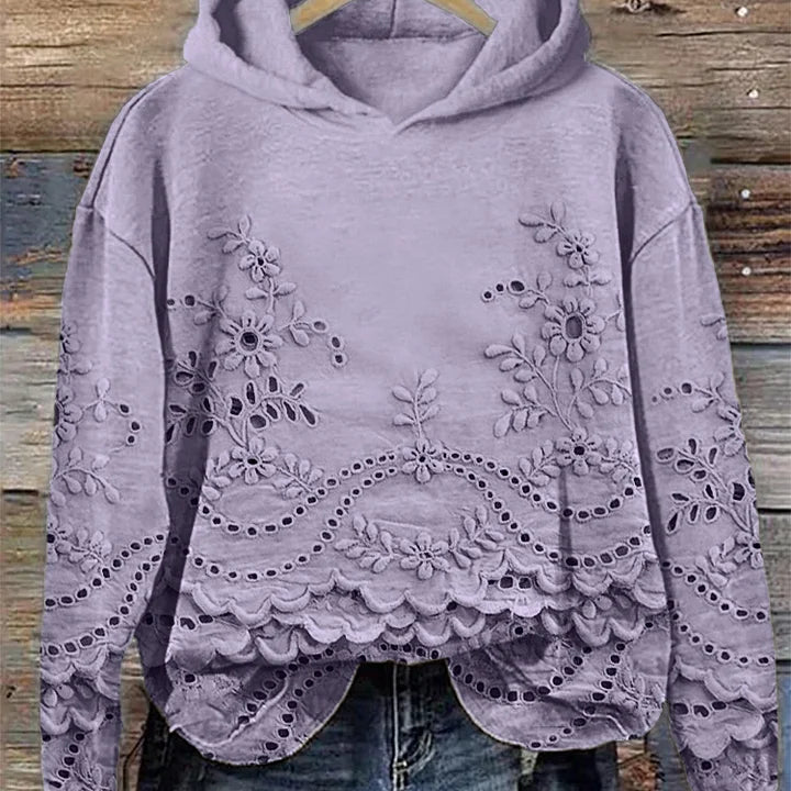 Damen Strickpullover mit Kapuze und floralen Details