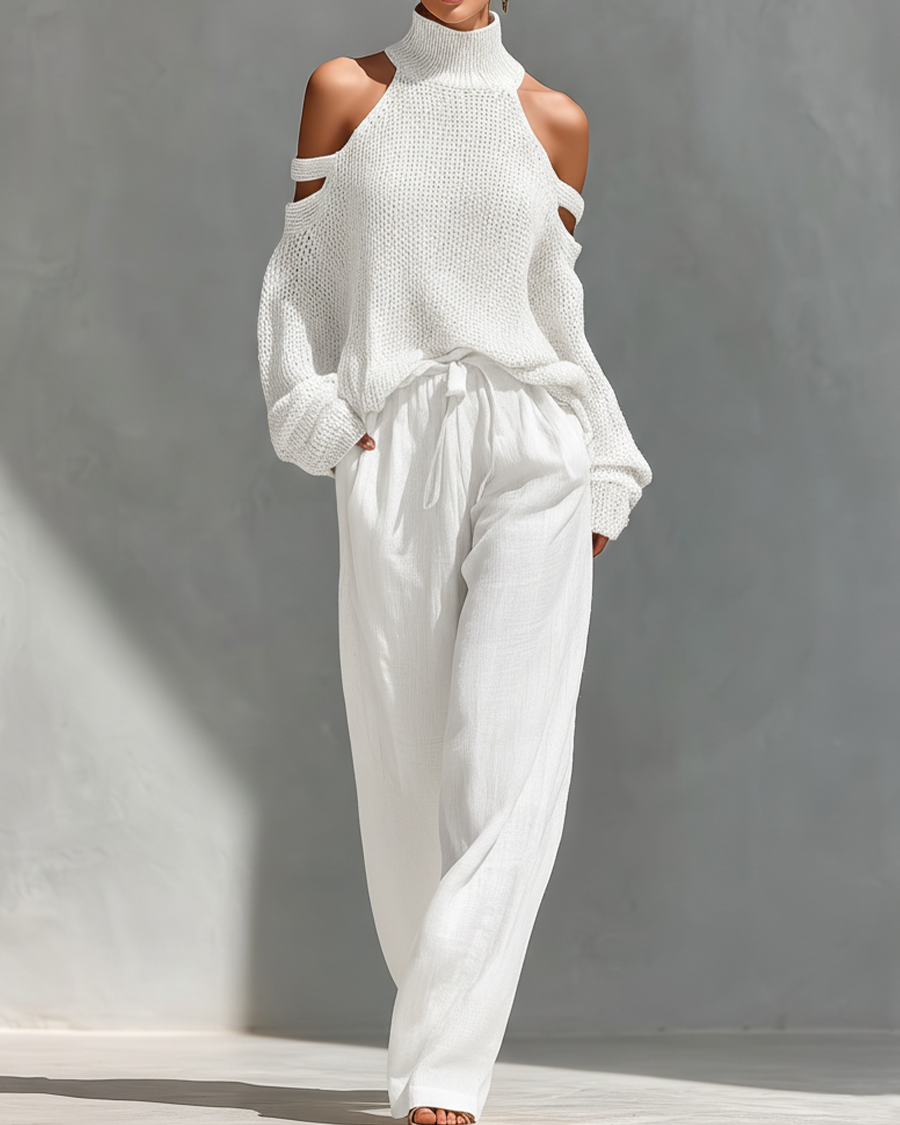Liora | Gestricktes Cold-Shoulder-Set - Weiß - Set - Cow Clothing
