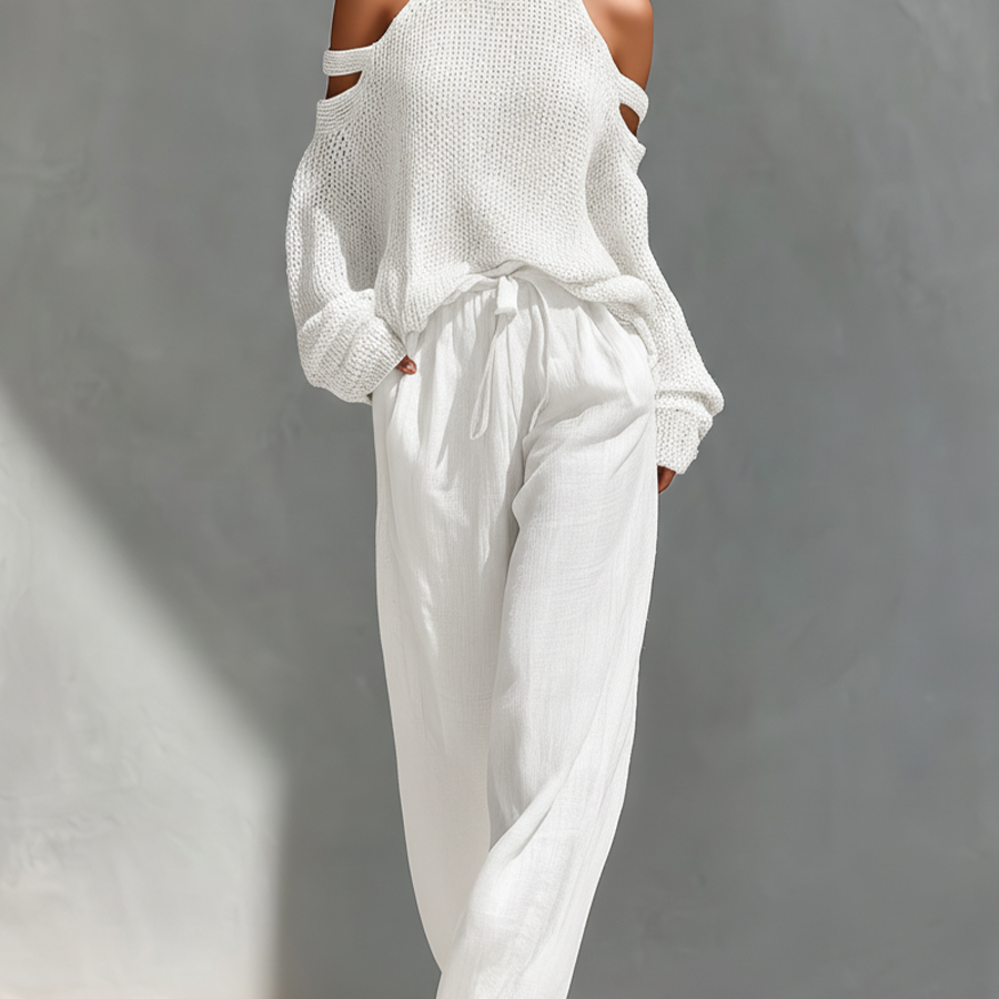 Liora | Gestricktes Cold-Shoulder-Set - Weiß - Set - Cow Clothing