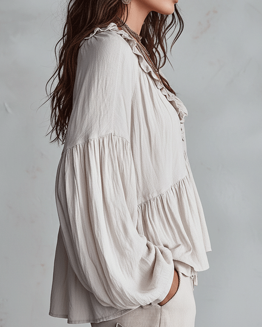 Damen Luftige, vintage-inspirierte Boho-Bluse mit weichen Rüschen - - Damen > Blusen - Concept Fashionlab