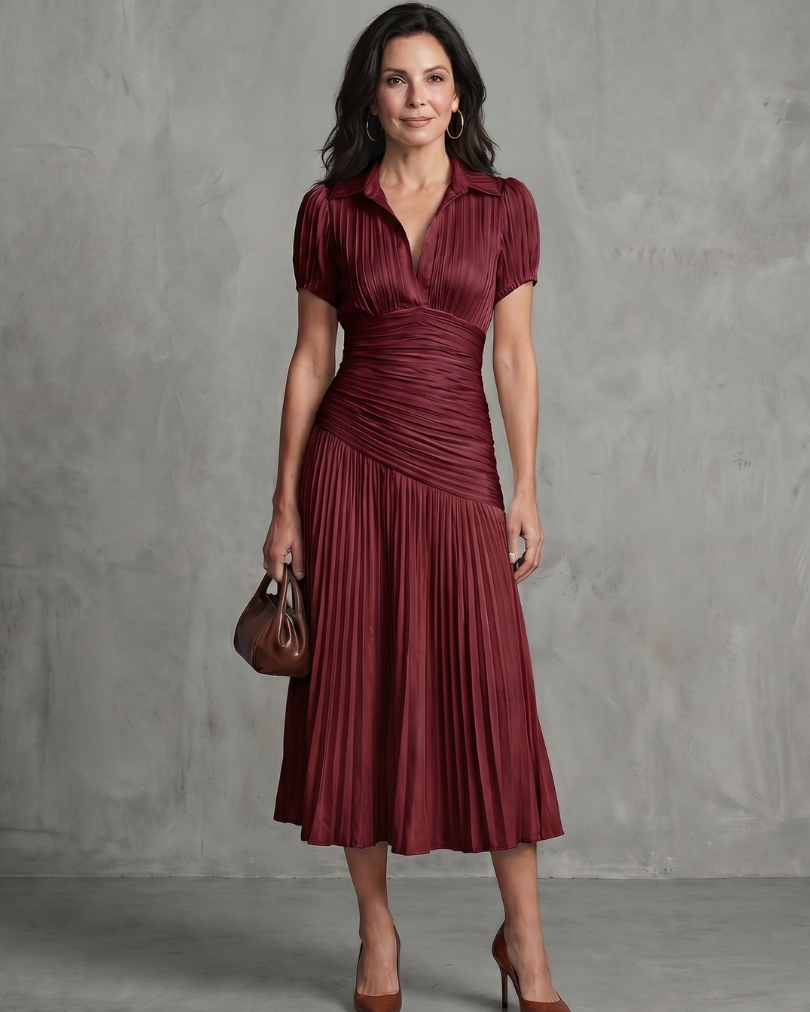 Theodora | Gestreiftes Midikleid mit plissierter Taille - Rot - - DUUWE