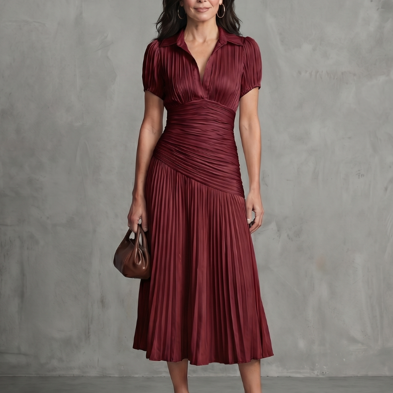 Theodora | Gestreiftes Midikleid mit plissierter Taille - Rot - - DUUWE