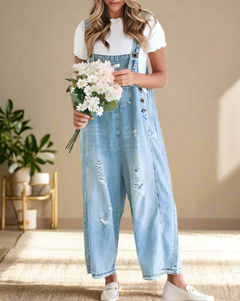 Vintage-Wash Verstellbarer Jumpsuit – Retro-Chic, figurschmeichelnde Passform Damen - Hellblau - Jumpsuit - Concept Fashionlab