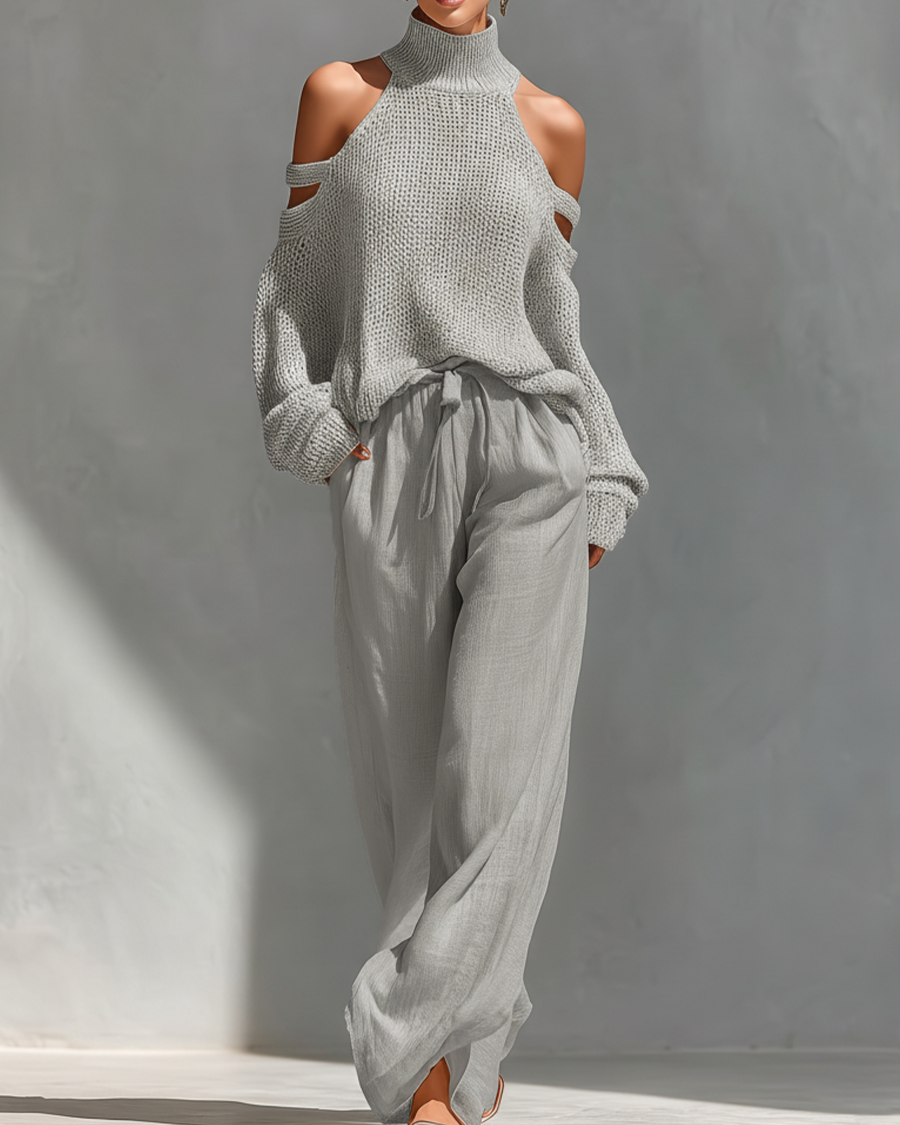 Liora | Gestricktes Cold-Shoulder-Set - Grau - Set - Cow Clothing