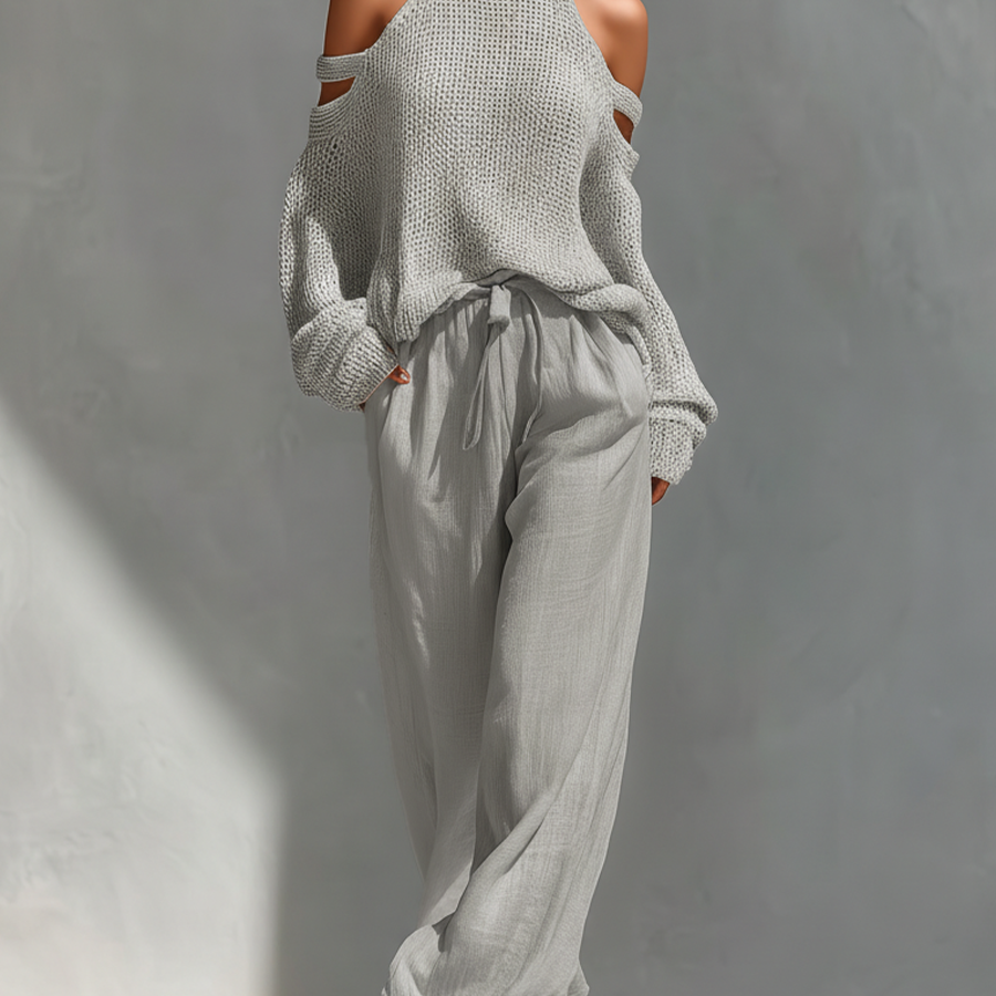 Liora | Gestricktes Cold-Shoulder-Set - Grau - Set - Cow Clothing