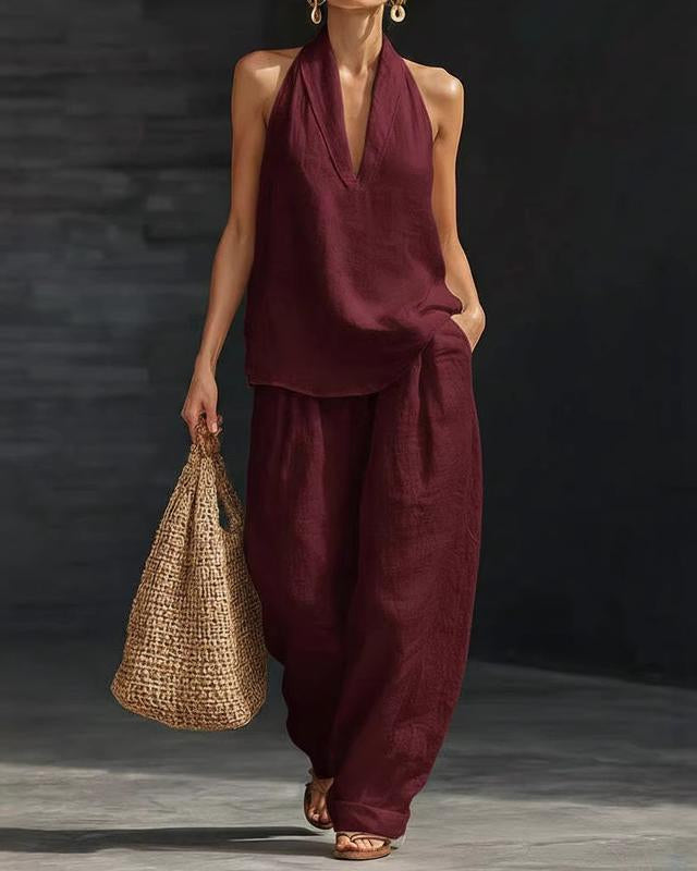 Ainhoa | Kombi-Set aus entspanntem Tanktop und Hose mit weitem Bein - Burgund - - Cow Clothing